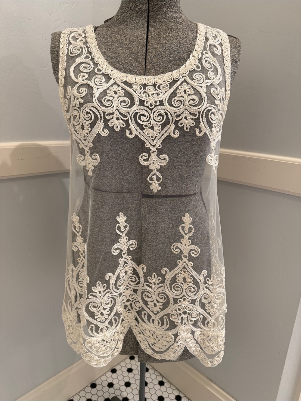 Sheer Embroidered Lace Tank Top - White